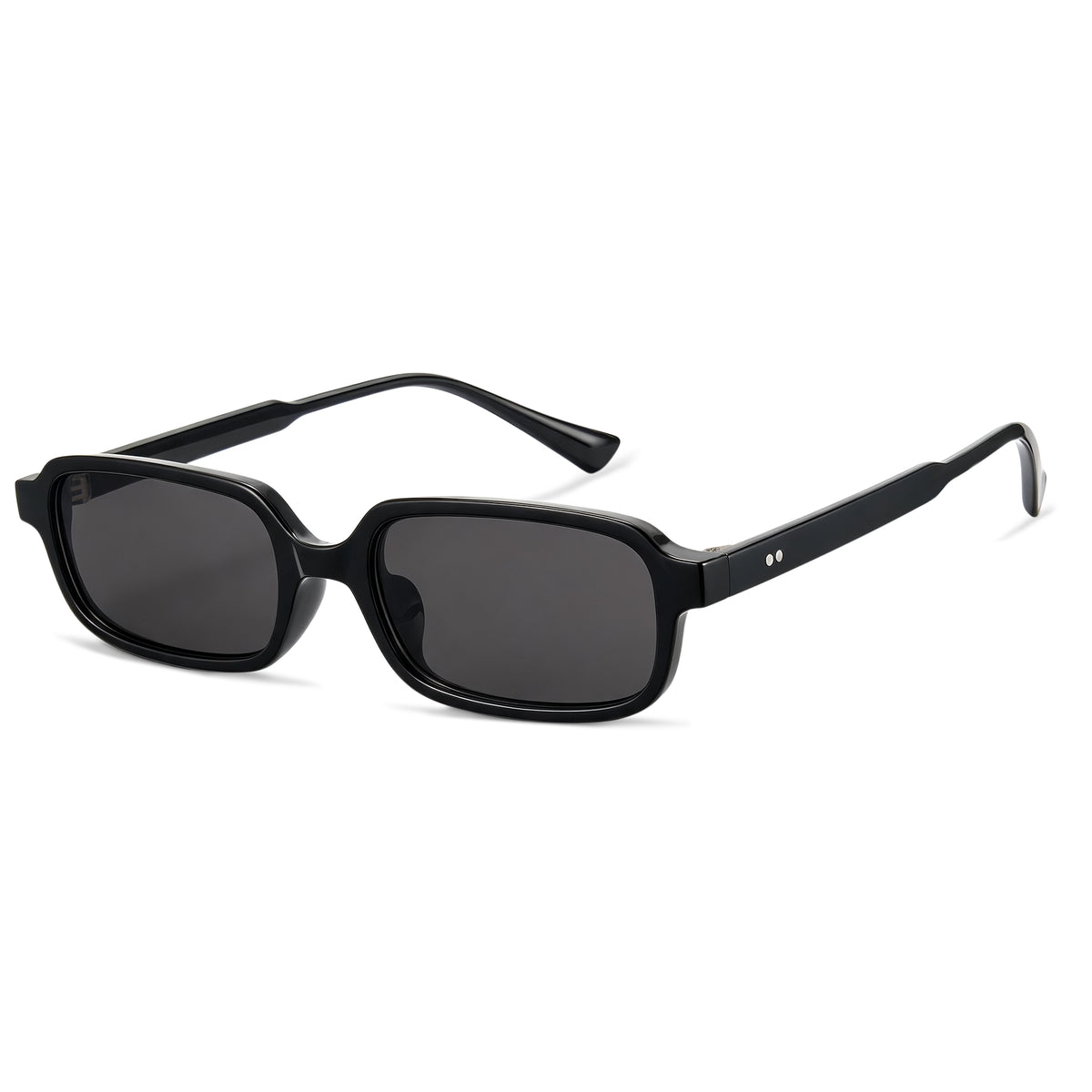 Glossy black square sunglasses, grey non-polarized lens, lightweight PC frame