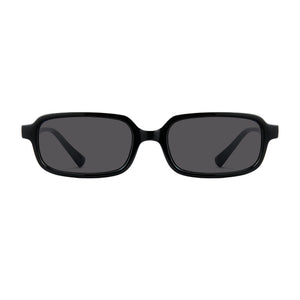 Glossy black square sunglasses, grey non-polarized lens, lightweight PC frame