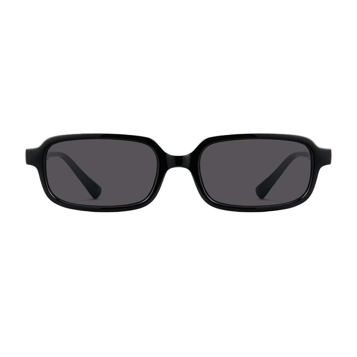 Glossy black square sunglasses, grey non-polarized lens, lightweight PC frame