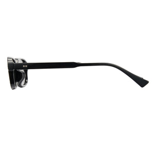 Glossy black square sunglasses, grey non-polarized lens, lightweight PC frame