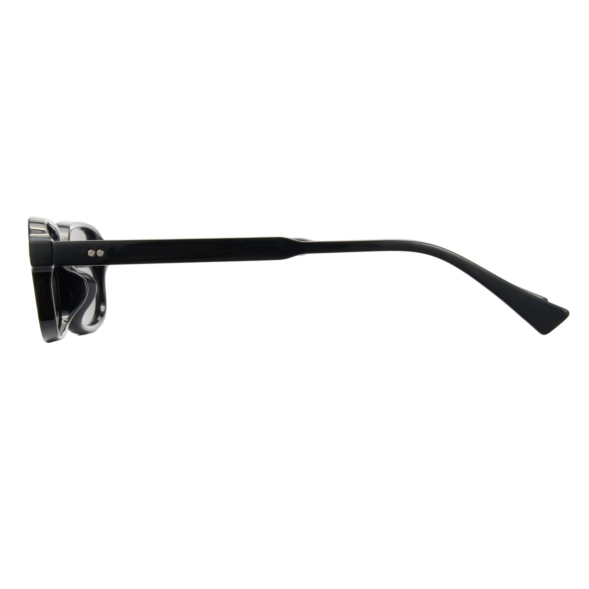 Glossy black square sunglasses, grey non-polarized lens, lightweight PC frame