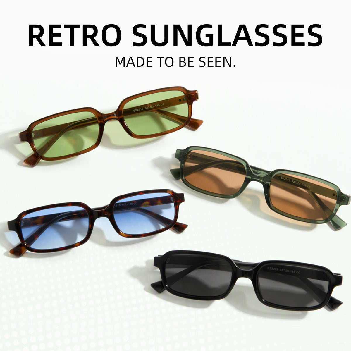 Unisex square sunglasses, lightweight PC frame, non-polarized lenses, 4 colors (black, tea, tortoise, green)