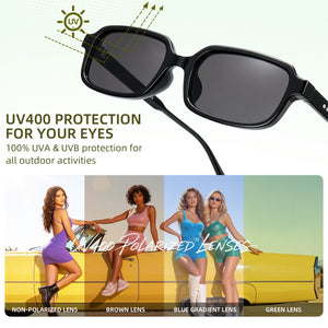 Glossy black square sunglasses, grey non-polarized lens, lightweight PC frame