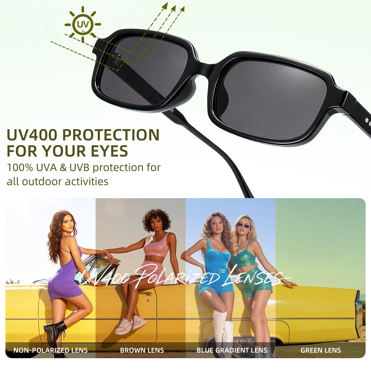 Glossy black square sunglasses, grey non-polarized lens, lightweight PC frame