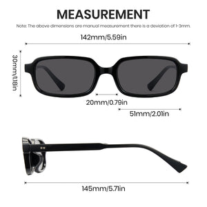 Glossy black square sunglasses, grey non-polarized lens, lightweight PC frame