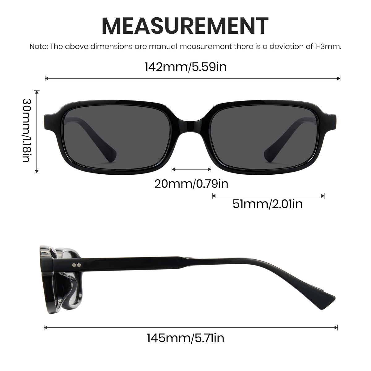 Glossy black square sunglasses, grey non-polarized lens, lightweight PC frame