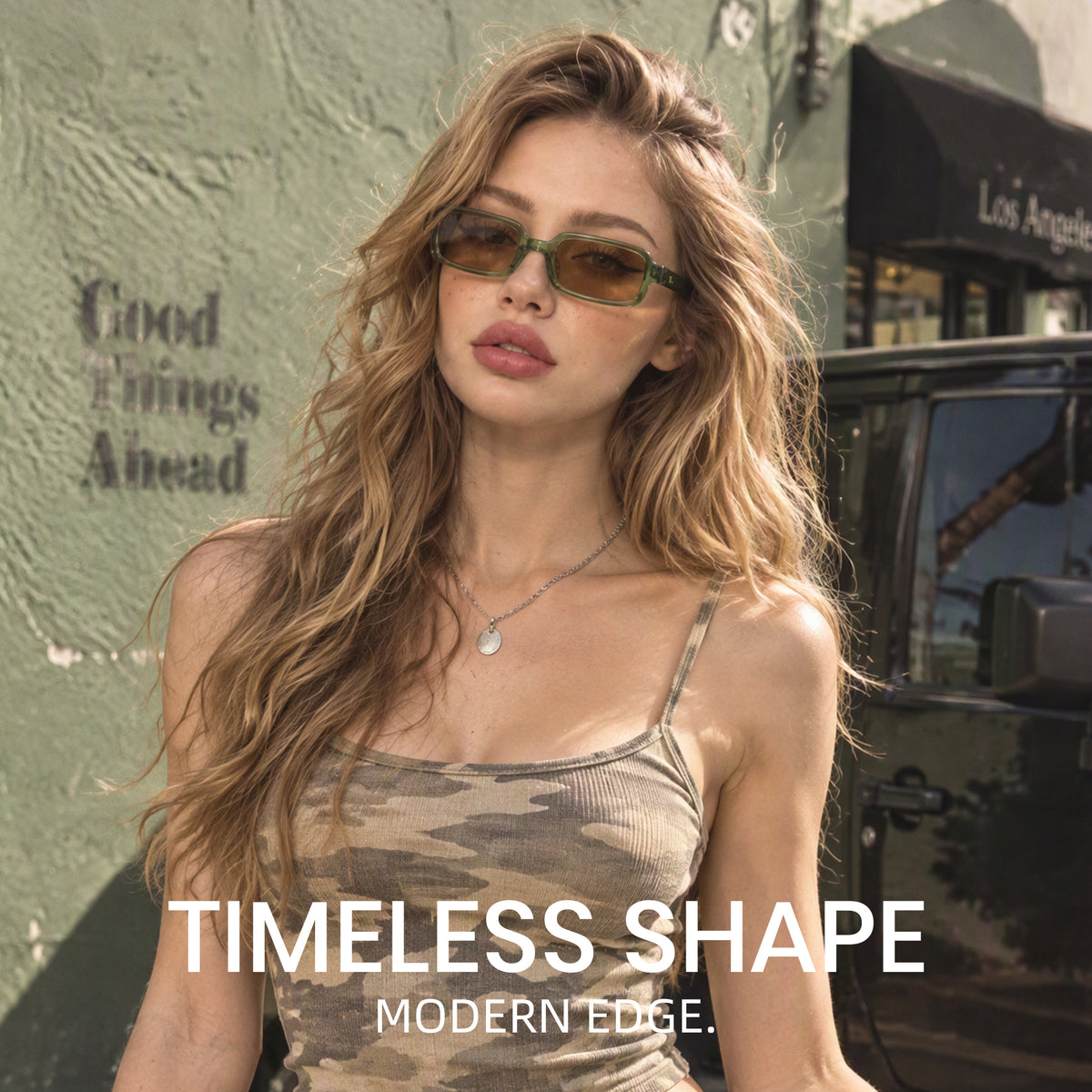 Transparent green-tea square sunglasses, tea lens, non-polarized shades