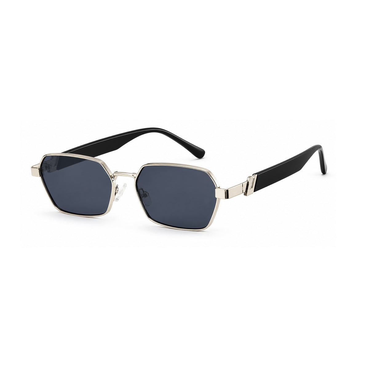Silver square metal shades, grey lens, narrow rim, thick black temple, vintage contrast