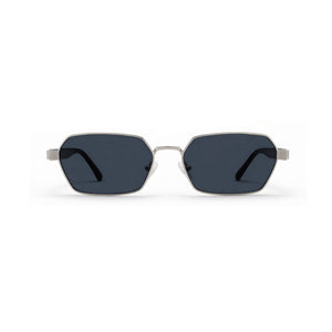 Silver square metal shades, grey lens, narrow rim, thick black temple, vintage contrast