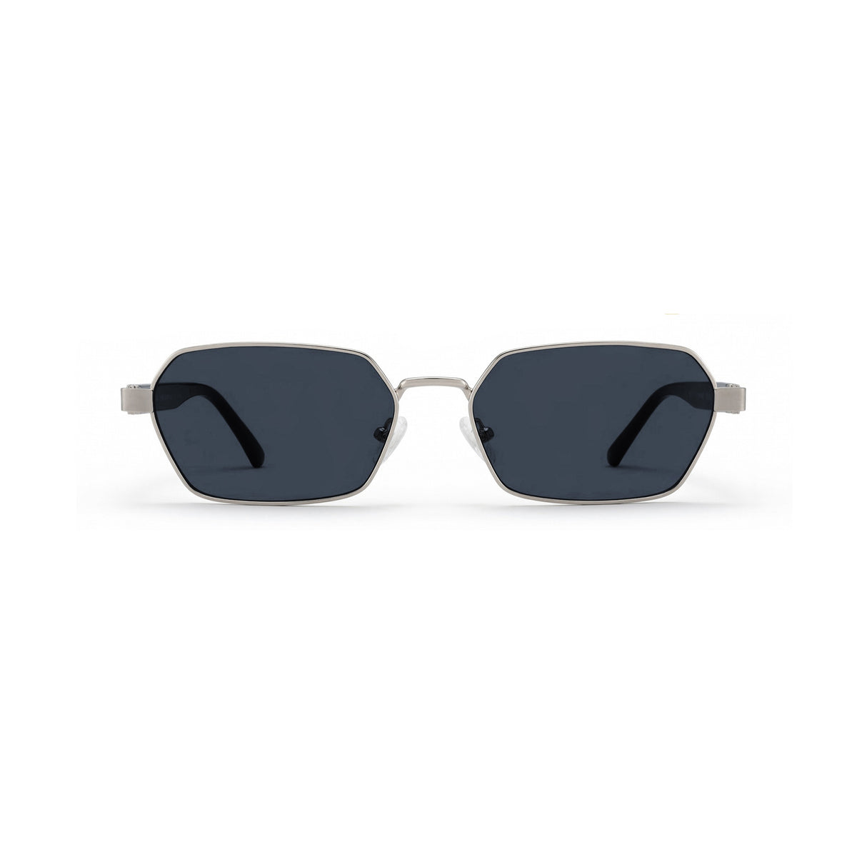 Silver square metal shades, grey lens, narrow rim, thick black temple, vintage contrast