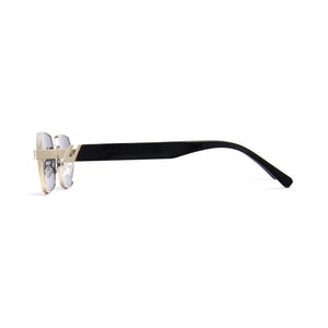 Silver square metal shades, grey lens, narrow rim, thick black temple, vintage contrast