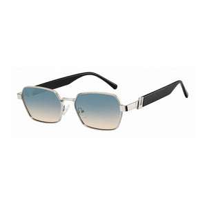 Silver square sunglasses, two-tone lens, bold brow, thick cut temple, non-polarized