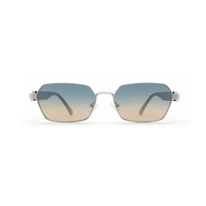Silver square sunglasses, two-tone lens, bold brow, thick cut temple, non-polarized