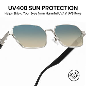 Silver square sunglasses, two-tone lens, bold brow, thick cut temple, non-polarized