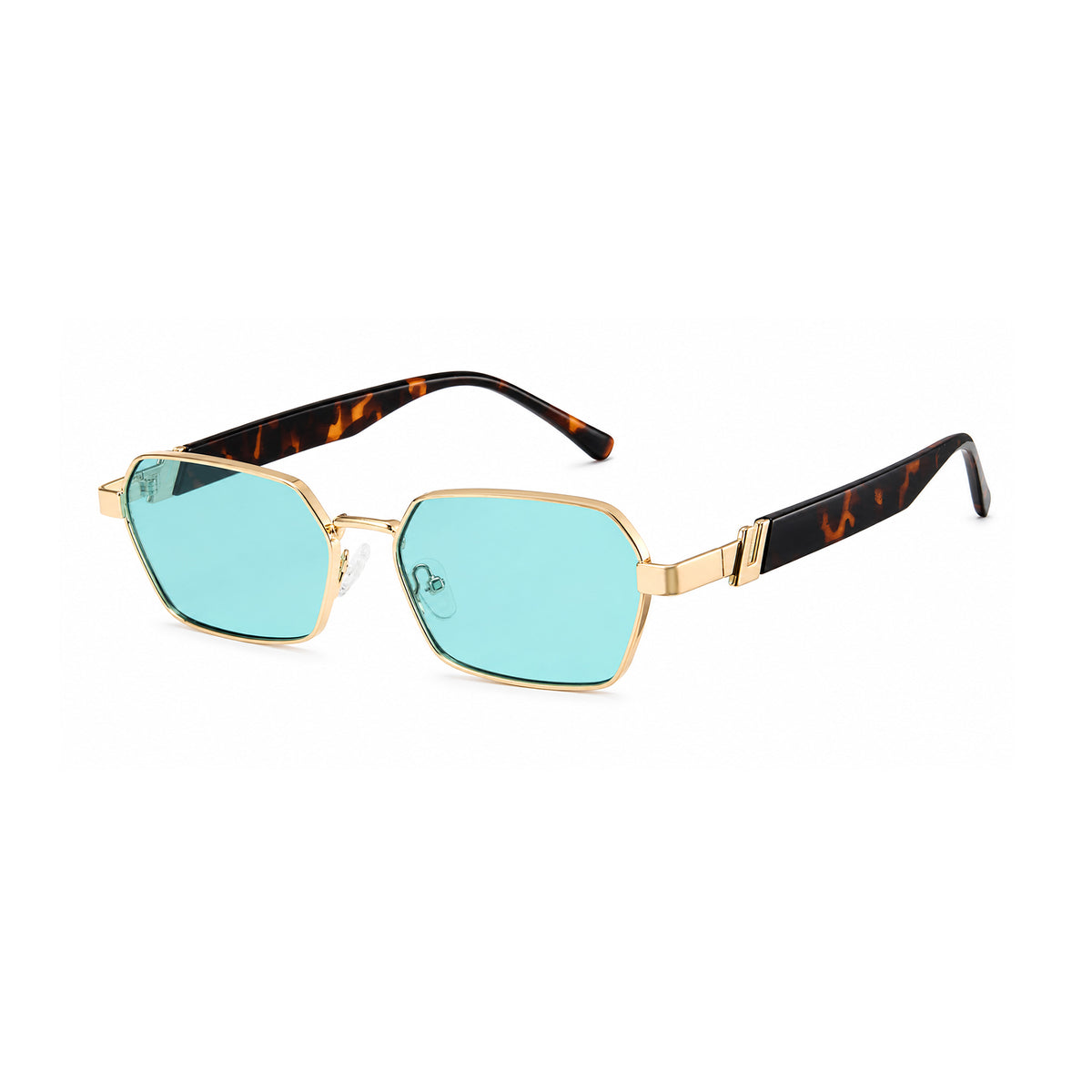 Gold square sunglasses, blue lens, architectural bridge, thick tortoise temple, unisex