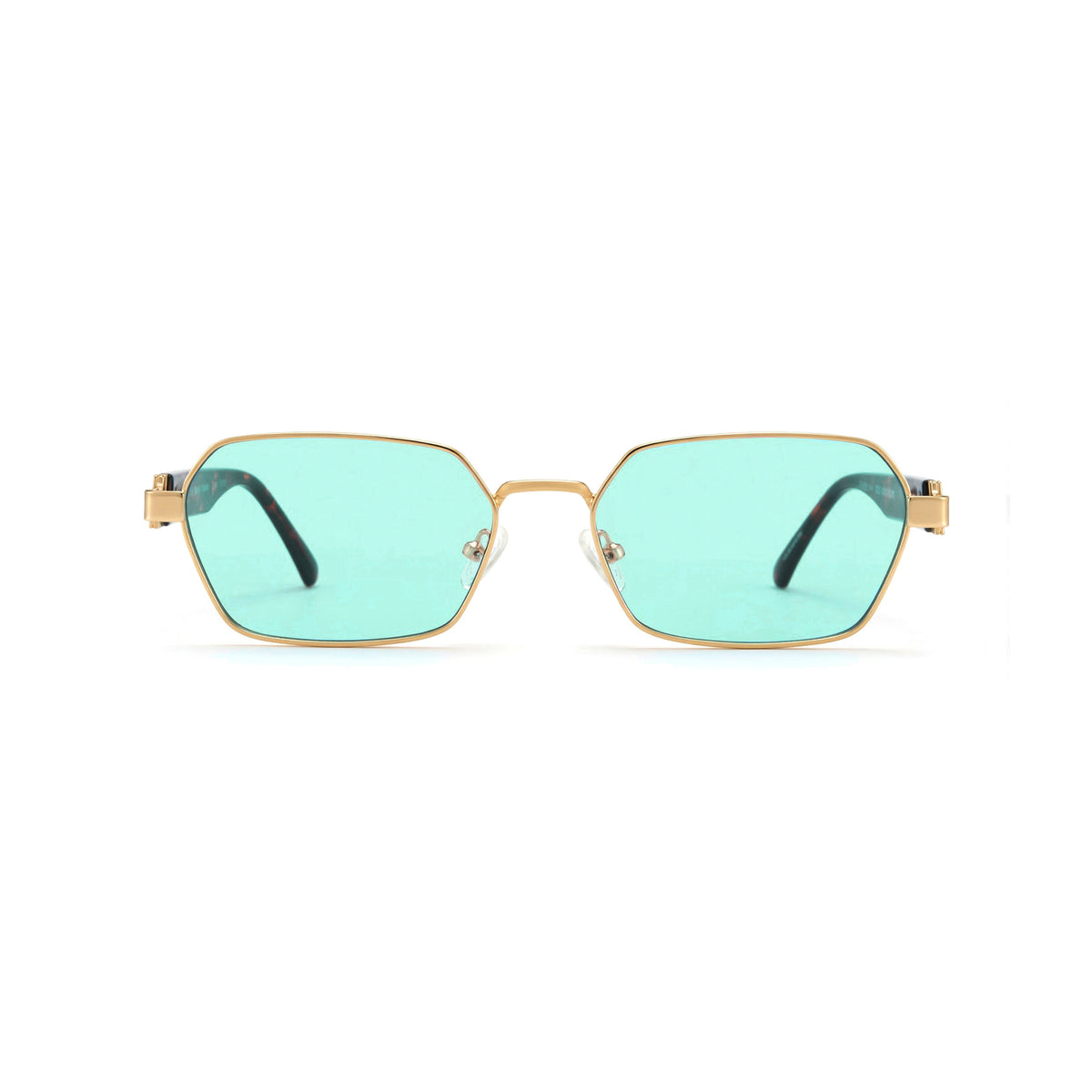Gold square sunglasses, blue lens, architectural bridge, thick tortoise temple, unisex