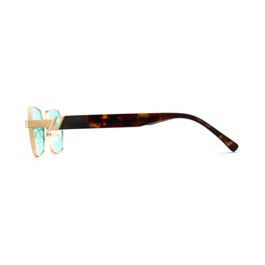 Gold square sunglasses, blue lens, architectural bridge, thick tortoise temple, unisex