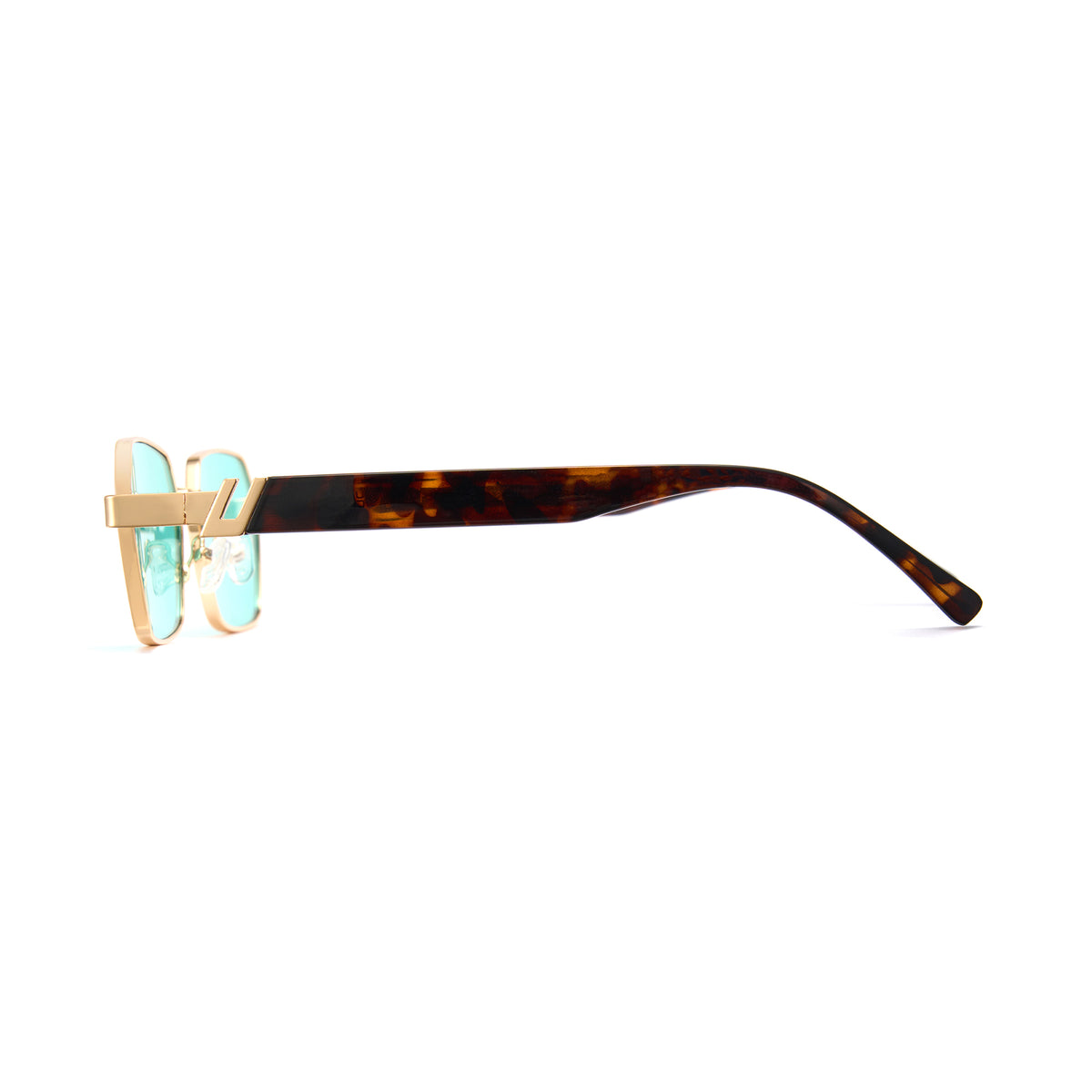 Gold square sunglasses, blue lens, architectural bridge, thick tortoise temple, unisex