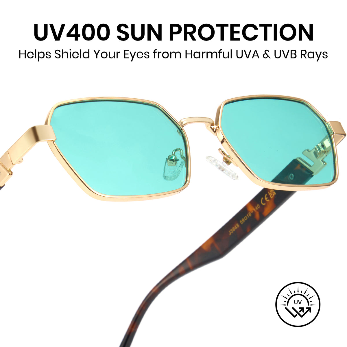 Gold square sunglasses, blue lens, architectural bridge, thick tortoise temple, unisex