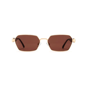 Gold square metal sunglasses, bold browline, tea lens, thick temple ends, retro shades