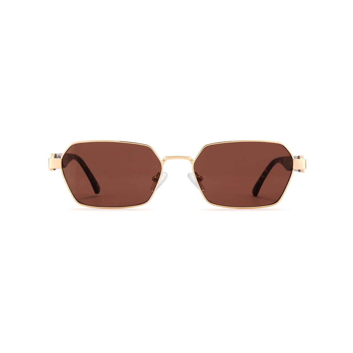 Gold square metal sunglasses, bold browline, tea lens, thick temple ends, retro shades