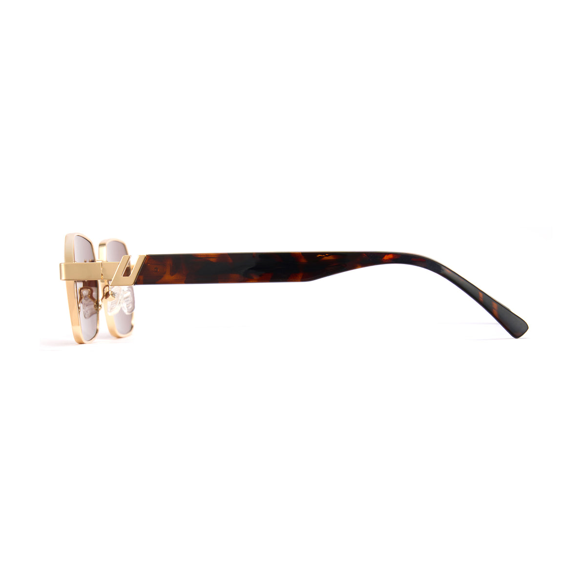 Gold square metal sunglasses, bold browline, tea lens, thick temple ends, retro shades