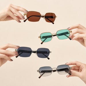 Unisex square metal sunglasses, bold browline, thick cut temples, narrow rim, gold silver frames