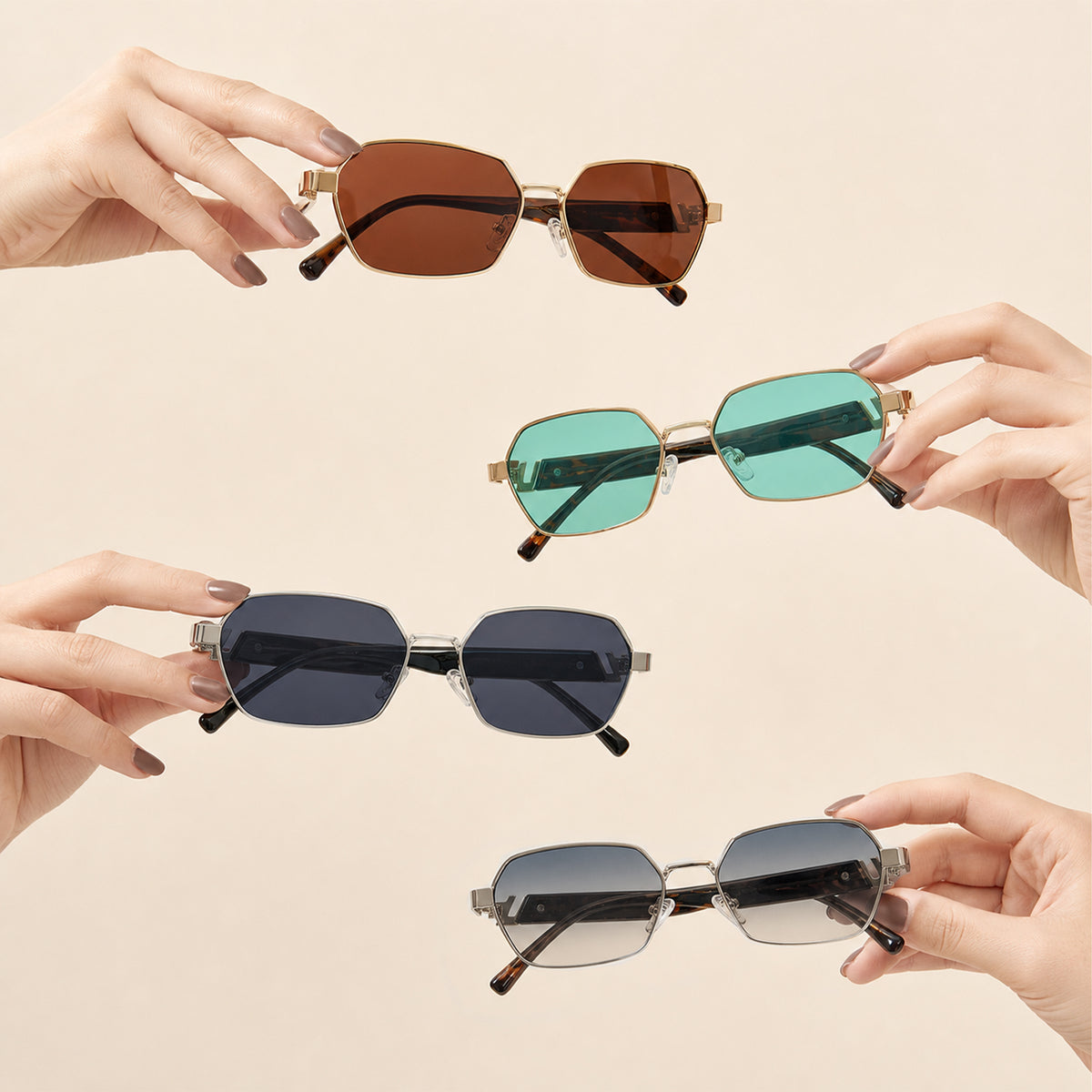 Unisex square metal sunglasses, bold browline, thick cut temples, narrow rim, gold silver frames