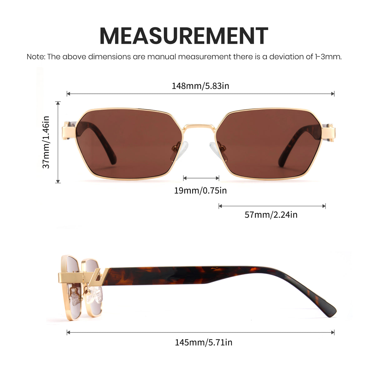 Gold square metal sunglasses, bold browline, tea lens, thick temple ends, retro shades