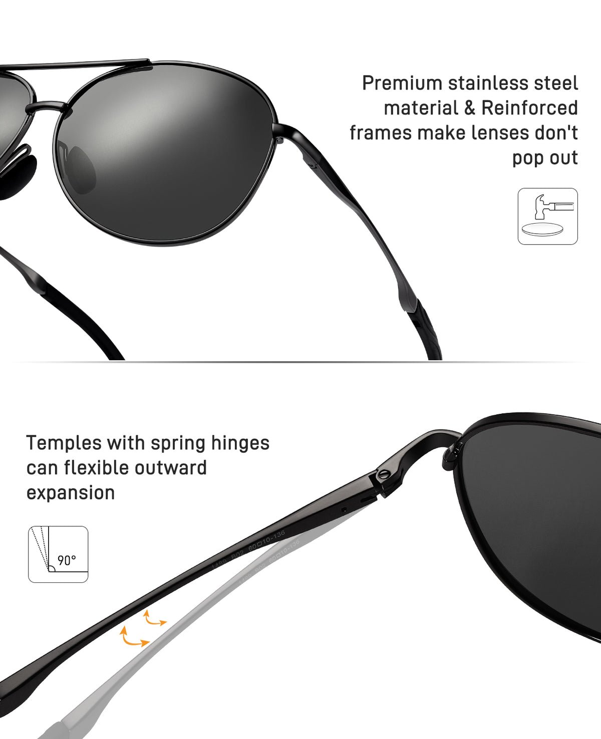 Black 1489 polarized sunglasses with text highlighting features on a white background
