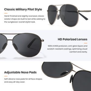 1489 Polarized Sunglasses with military pilot style, HD polarized lenses, and adjustable nose pads on a white background.