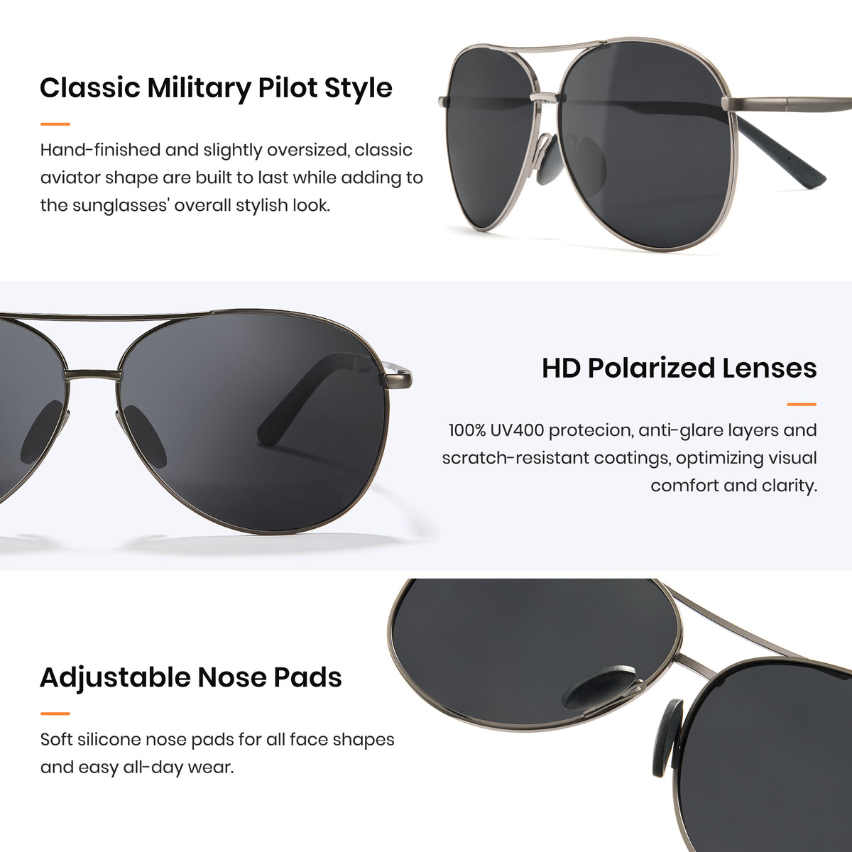 1489 Polarized Sunglasses with military pilot style, HD polarized lenses, and adjustable nose pads on a white background.