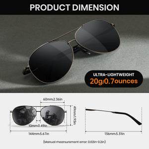 Aviator sunglasses with dimensions and weight information on a gray background