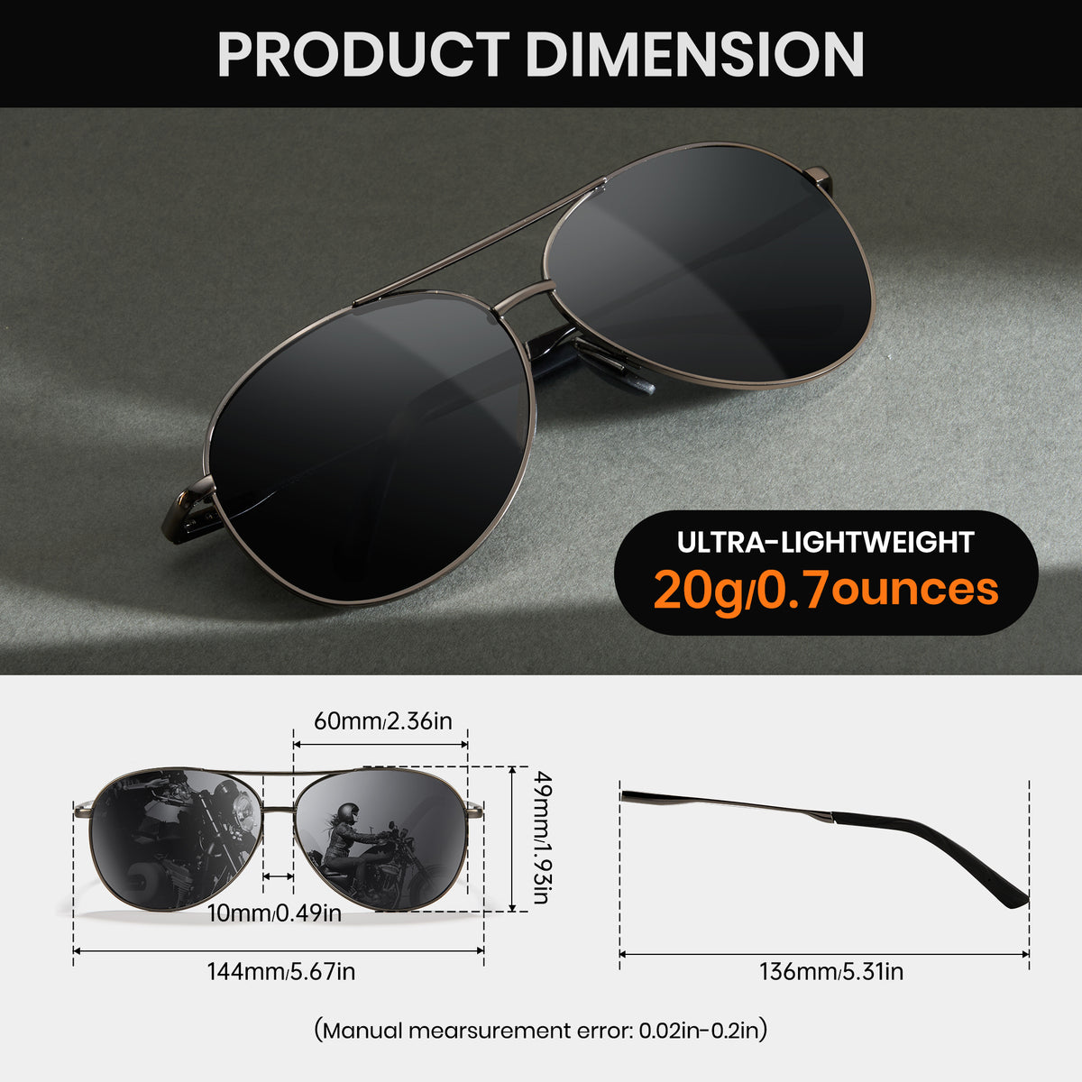 Aviator sunglasses with dimensions and weight information on a gray background
