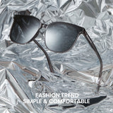 Sunglasses on a textured metallic surface with text 'Fashion Trend Simple & Comfortable'.