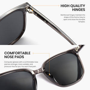 Sunglasses with highlighted features on a white background