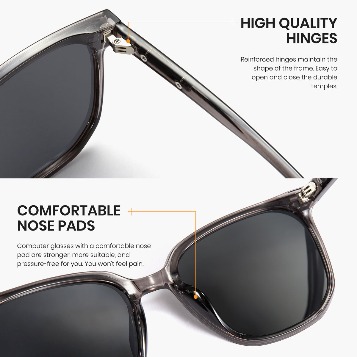 Sunglasses with highlighted features on a white background