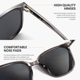 Sunglasses with highlighted features on a white background