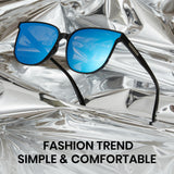 Sunglasses with blue lenses and black frames on a reflective silver surface, with text 'FASHION TREND SIMPLE & COMFORTABLE'.