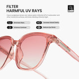 Pink sunglasses with text about filtering harmful UV rays on a white background