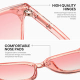 Close-up of pink sunglasses with text highlighting high-quality hinges and comfortable nose pads.