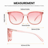Measurement chart of pink sunglasses with dimensions labeled