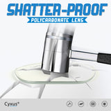 Glass being shattered by a hammer with 'Shatter-Proof Polycarbonate Lens' text and Cyxus logo.