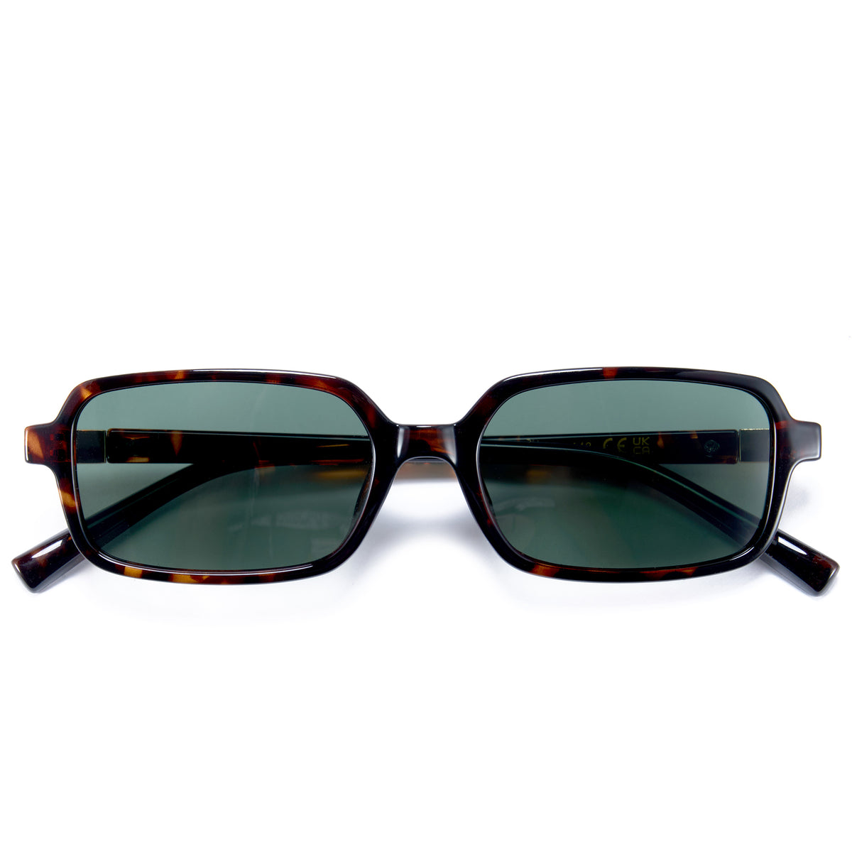 Sunglasses with tortoiseshell frame and dark lenses on a white background