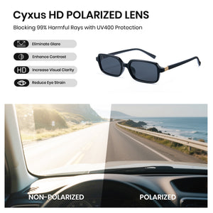 Cyxus HD polarized lens sunglasses with a scenic road view through a car window.