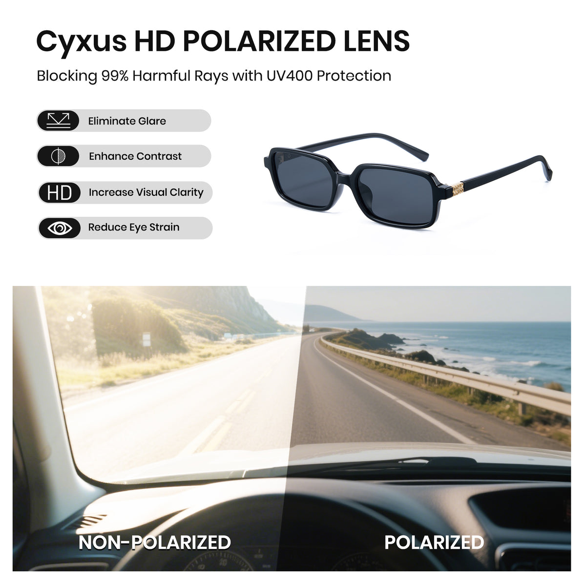 Cyxus HD polarized lens sunglasses with a scenic road view through a car window.