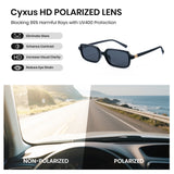 Cyxus HD polarized lens sunglasses with a scenic road view through a car window.