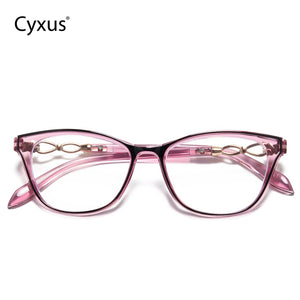 Pink cat-eye glasses with gold accents on a white background, branded 'Cyxus'.