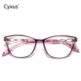 Pink cat-eye glasses with gold accents on a white background, branded 'Cyxus'.
