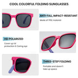 COOL COLORFUL FOLDING SUNGLASSES ANTI-FALL, IMPACT- RESISTANT Made of TPEE material HD POLARIZED Cover up UV protection & Caring eye THREE- STEP FOLDING Portable and doesn't take up space